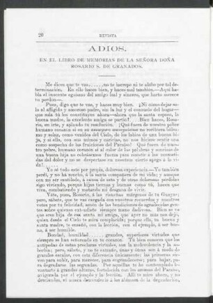 Adiós. : En el libro de memorias de la Señorita Doña Rosario S. de Granados.