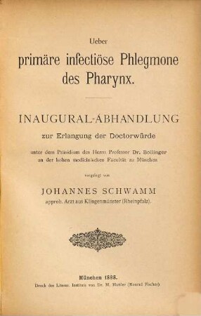 Ueber primäre infectiöse Phlegmone des Pharynx ...
