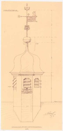 Evangelische Kirche, Berlin-Nikolassee: (von Inv.Nr. 43301) Detail 1:10: Ansicht des Dachreiters auf dem Konfirmandensaal; Zahlenangaben