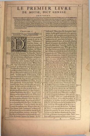 La saincte bible : contenant le vieil et nouveau testament, traduicte de Latin en Fraçois ; Avec les Argumens sur chacun livre, declarans sommairement tout ce que y est contenu