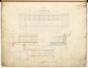 Brückenkanal Monatskonkurrenz November 1871: Grundriss auf 2 Ebenen, Aufriss Seitenansicht, Längsschnitt, Querschnitt; 3 Maßstabsleisten, Erläuterungstext (sehr blass)