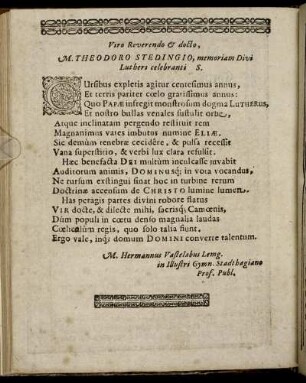 Viro Reverendo & docto, M. Theodoro Stedingio, [...]