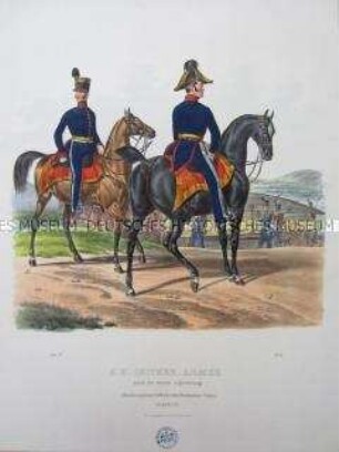 Uniformdarstellung, Stabsoffizier und Oberoffizier des Pontonier-Korps in Parade-Uniform zu Pferd, Österreich, 1840. Tafel aus: Trentsensky: K.K. Oesterreichische Armée nach der neuen Adjustirung.