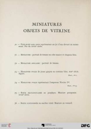 Miniatures – Objets de vitrine (Nr. 70-103)