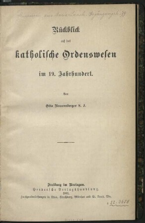 Rückblick auf das katholische Ordenswesen im 19. Jahrhundert