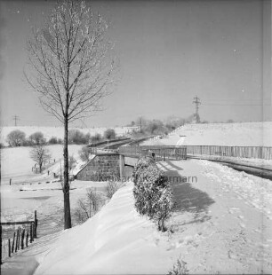 Trave: Brücke zwischen Groß Wesenberg und Klein Wesenberg: vorn rechts Baum: hinten Knicklandschaft: Winter