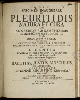 Specimen Inaugurale De Pleuritidis Natura Et Cura : Cum Annexis Quibusdam Thesibus ex Universa fere Arte Depromptis