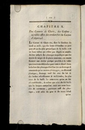 112-130, Chapitre X. Des Cantons de Glaris, des Grisons; terribles effets des avalanches du Canton d' Appenzel. Chapitre XI. Du Canton d' Appenzel.