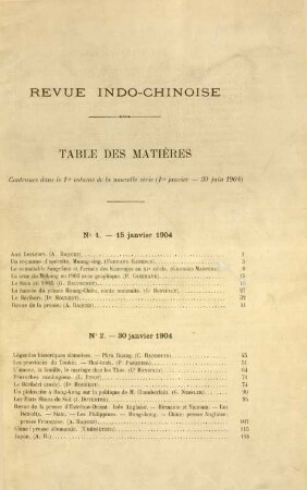 Table des matières contenues dans le 1er volume de la nouvelle série (1er javier - 30 juin 1904)