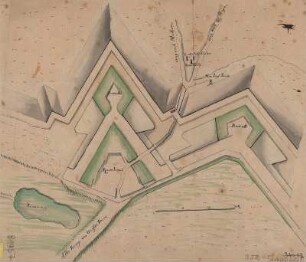 Plan der Befestigungen am Weißen oder Leipziger Thor in Dresden-Neustadt, Handzeichnung, um 1750? : [Plan der Befestigungen am Weißen oder Leipziger Thor in Dresden-Neustadt]. - [Ca. 1:1 500]. - [S.l.] , [1750?]. - 1 Kt. : Handzeichng. ; 29 x 25 cm