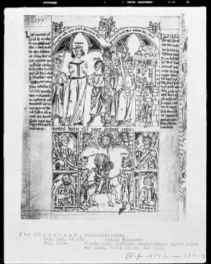 Biblia pauperum — Bildseite mit sieben Miniaturen, Folio 155verso