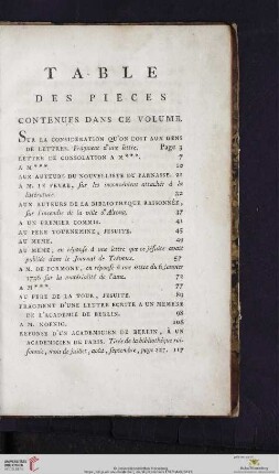 Table des pieces contenues dans ce volume