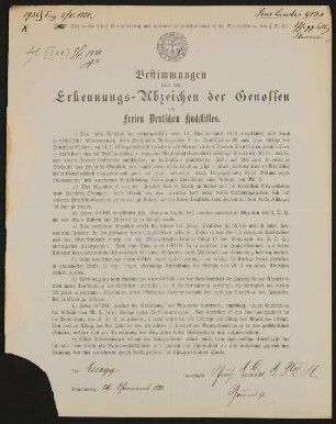Bestimmungen über das Erkennungs-Abzeichen der Genossen des Freien Deutschen Hochstifts - Pius Lindes
