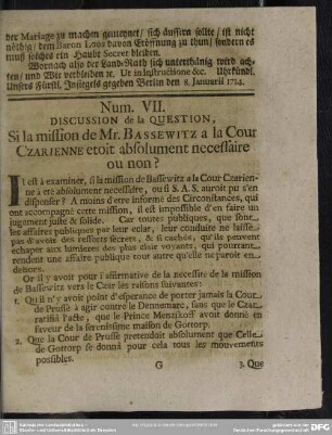 Num. VII. Discussion de la Question, Si la mission de Mr. Bassewitz a la Cour Czarienne etoit absolument necessaire ou non?