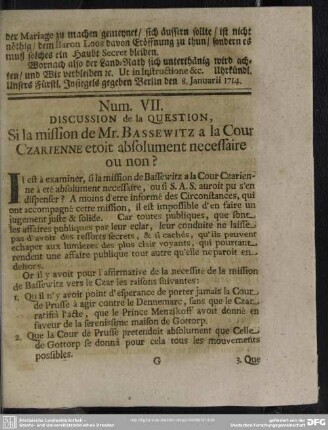Num. VII. Discussion de la Question, Si la mission de Mr. Bassewitz a la Cour Czarienne etoit absolument necessaire ou non?