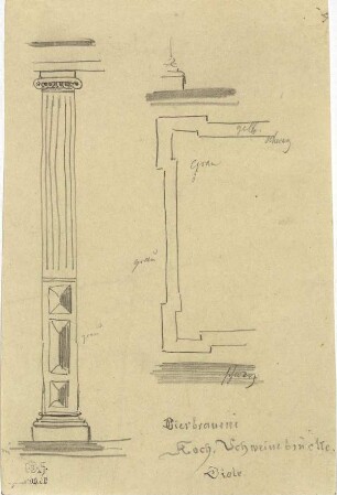 Bierbrauerei in Wismar, Pilaster der Diele, Sockel (mit Farbangaben)