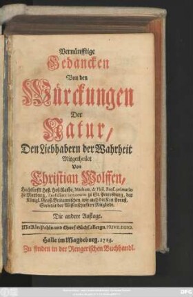 Vernünfftige Gedancken Von den Würckungen Der Natur : Den Liebhabern der Wahrheit mitgetheilet