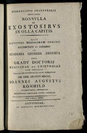 Dissertatio Inauguralis Continens Nonnulla De Exostosibus In Olla Capitis : Cum Tabula Aenea