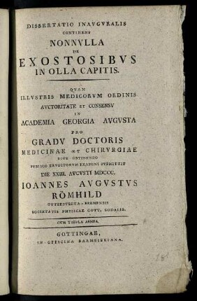 Dissertatio Inauguralis Continens Nonnulla De Exostosibus In Olla Capitis : Cum Tabula Aenea