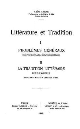 Problèmes généraux, création populaire, création littéraire / Haim Harari