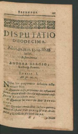 Disputatio Duodecima. Respondente Andrea Bergio