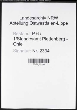 Sterberegister Standesamt Plettenberg-Ohle