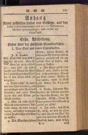 Erste Abtheilung. Lieder übder die chtistliche Glaubenslehre