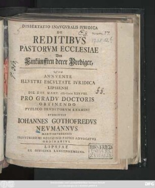 Dissertatio Inavgvralis Ivridica De Reditibvs Pastorvm Ecclesiae