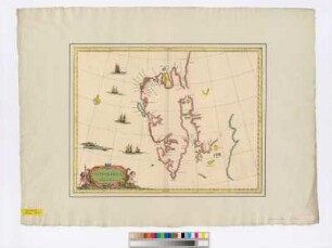Karte von Spitzbergen, ca.1:1 700 000, Kupferstich, ca. 1650 : Spitsberga. - [Ca. 1:1 700 000]. - [Amsterdam] , [ca. 1650]. - 1 Kt. : Kupferst. ; 48 x 36 cm. - Maßstab in graph. Form (Milliaria Germanica). - Titelkartusche unten links