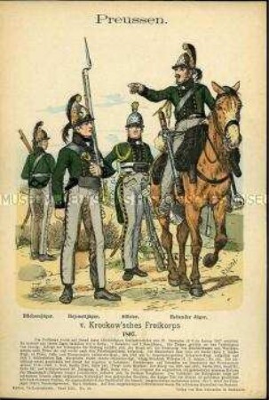 Uniformdarstellung, Jäger und Offizier des Freikorps "von Krockow", Königreich Preußen, 1807.