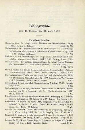 Bibliographie vom 16. Februar bis 31. März 1889.