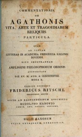 Commentationis de Agathonis vita, arte et tragoediarum reliquiis particula