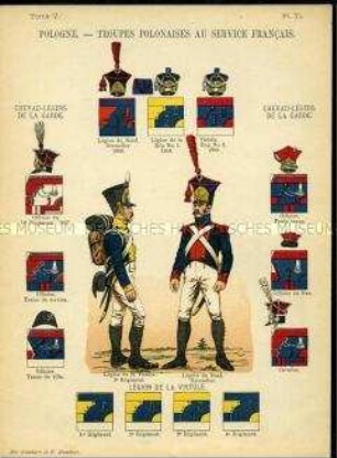 Uniformdarstellung, Infanterist und Grenadier der Polnischen Legionen, Detailstudien von Kopfbedeckungen und Abzeichen der Alliierten Polnischen Regimenter, Frankreich, 1797/1813.