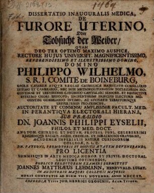 Diss. inaug. med. de furore uterino, oder Tobsucht der Weiber