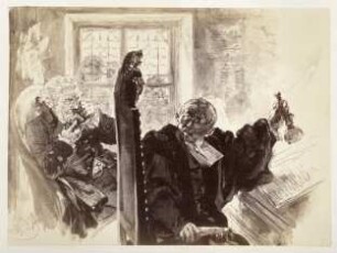 Adam, im Richterstuhl sitzend, schwingt die Schelle, rechts hinter ihm sitzt der Gerichtsrat und nimmt eine Prise, zu Heinrich von Kleist "Der zerbrochene Krug"
