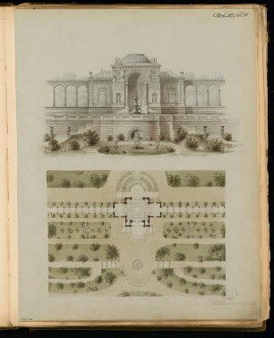 Gartenhaus Monatskonkurrenz Oktober 1877: Lageplan mit Grundriss, Aufriss Gartenansicht