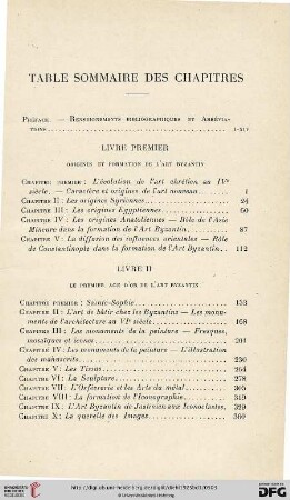 Table sommaire des chapitres