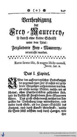 Vertheidigung der Frey-Maurerey, als eine Antwort auf die sogenannte zergliederte Frey-Maurerey