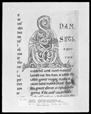 Bibel aus St. Simeon in Trier in zwei Bänden — Initiale A (dam) gebildet aus zwei Drachen, Folio 108recto