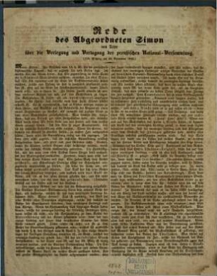 Rede des Abgeordneten Simon von Trier über die Verlegung und Vertagung der preußischen National-Versammlung : (119. Sitzung am 20. November 1848.)