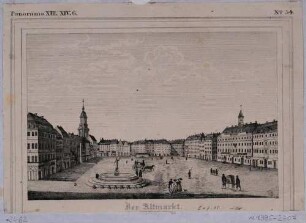 Der Altmarkt in Dresden Anfang 19. Jahrhundert, mit dem Justitia-Brunnen (1653-1888), Blick nach Süden