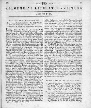 Menzel, W.: Die deutsche Literatur. Bd. 1-2. Stuttgart: Franckh 1828 (Beschluss der im vorigen Stück abgebrochenen Recension)