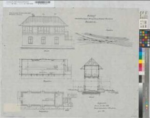 Entwurf zum Stellwerksgebäude "Mt" auf Rangier-Bahnhof Dortmund: Ansicht, Grundrisse, Schnitt, Lageplan, M. 1:50
