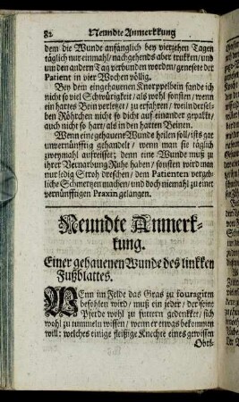 Neundte Anmerkkung. Einer gehauenen Wunde des linkken Fußblattes. - Zehende Anmerkkung. Von einer gehauenen Haupt-Wunden linkkerer Seiten/ und angewendetem Trepan.
