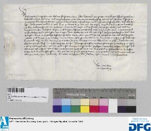 Der Rat der Stadt Nürnberg benachrichtigt den Edlen Herrn Steffan von Myssendorff, Ritter, dass er den Sindikus und Meister Johannsen Marquardi an den kgl. Hof schicke in Sachen des von dem Bischofe Johann von Würzburg neuaufgerichteten Weinzolles in Franken und bittet um seine Unterstützung.