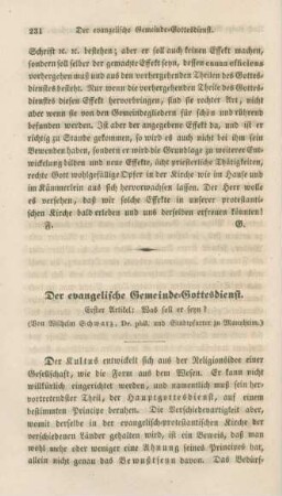 231-261 Der evangelische Gemeinde-Gottesdienst : erster Artikel: Was soll er seyn?