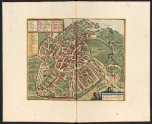 Stadtplan von Vicenza, Italien, kolorierter Kupferstich, ca. 1730 : Vicentia Amplissima Marchiae Tarvisinae Civit. - [Amsterdam], s.a. [ca. 1730]. - 1 Plan : Kupferstich ; 36 x 43 cm. - Titelkartusche unten rechts, Erl.-Kartusche oben links. - Mit Gebäudekennzeichn.