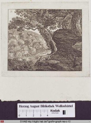 Arkadische Landschaft mit Hirte unter Bäumen, Mädchen und Tieren.