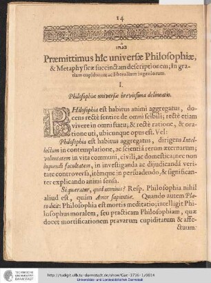 Praemittimus hic universae Philosophiae, & Metaphysicae Succinctam descriptionem