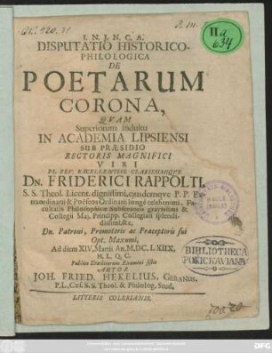 Disputatio Historico-Philologica De Poetarum Corona